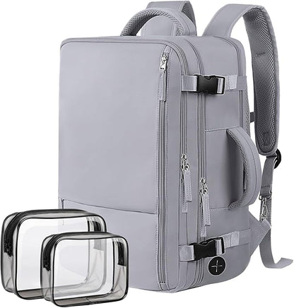 Hanples Large Travel Backpack for Women as Person Item Flight Approved, 35L Carry on Backpack,17 Inch Laptop Backpack with USB Charging Port, Travel Essentials with 2 Toiletry Bags (Gray)