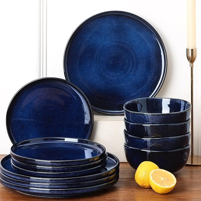 Vicrays Ceramic 18 Pieces Dinnerware Set - Dinner Plates Salad Plates Cereal Bowls Set Service for 6 - Scratch Resistant Microwave Oven Dishwasher Safe - Blue
