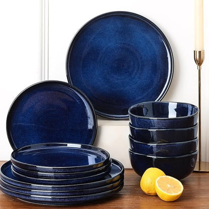 Vicrays Ceramic 18 Pieces Dinnerware Set - Dinner Plates Salad Plates Cereal Bowls Set Service for 6 - Scratch Resistant Microwave Oven Dishwasher Safe - Blue