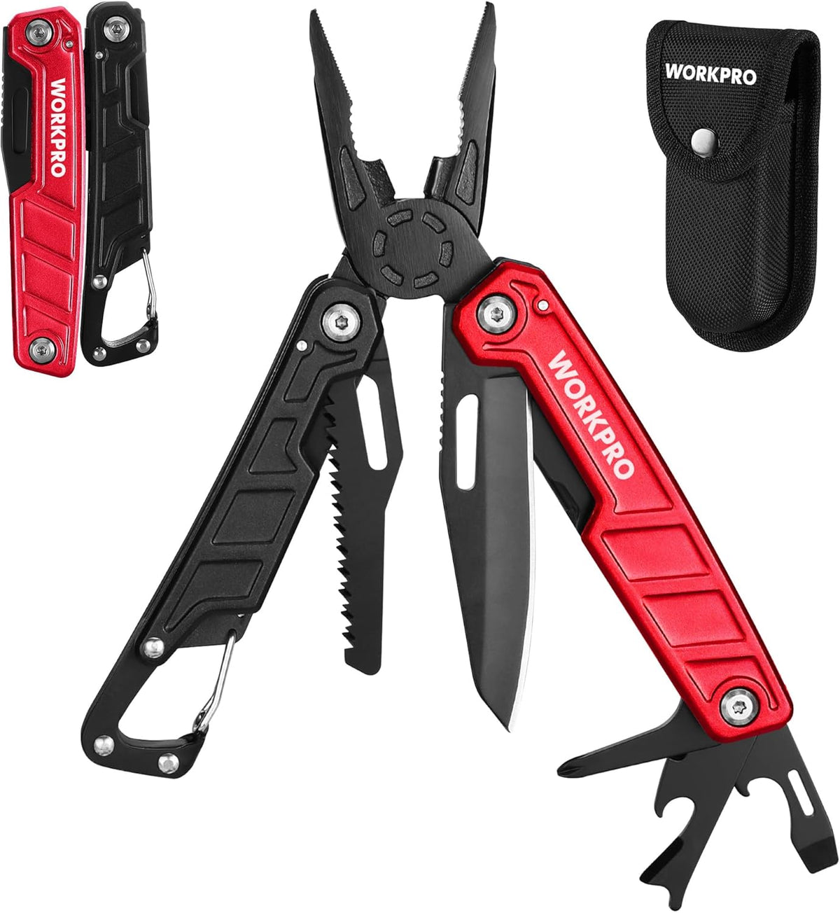 WORKPRO Multitool-11 in 1 Multitool Pliers with Pocket Clip and Sheath-EDC Multi Tool Knives with Safety Lock-Camping Tools Pocket Knife with Screwdriver Saw Blade Wire Cutter and Bottle Opener-Red