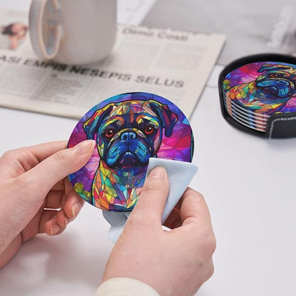 Pug Stained Dog Breed Glass Art Leather Drinks Coasters