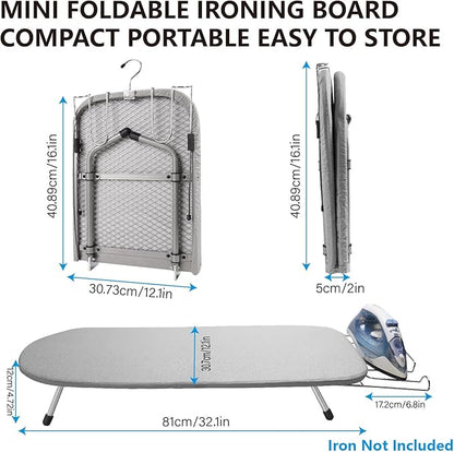 Metal Tabletop Ironing Board with Iron Rest, Portable Ironing Board Small with Heat Resistant Cotton Cover, Mini Iron Board for Small Space and Travel, 32 x 12 Inch (Black)