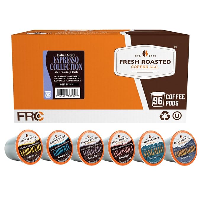 Fresh Roasted Coffee, Italian Craft Coffee Variety Pack, Artisan Blend, Dark Roast, Kosher, 96 Pods for K cup Brewers