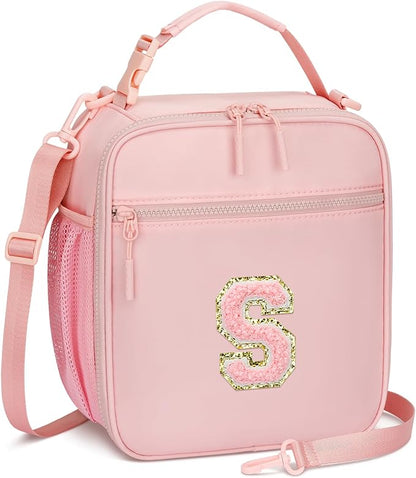 Initial Insulated Lunch Bag for Girls Kids, Back to School Gift, Reusable Leak-proof Lunch Box with Adjustable Strap for School Daycare Travel Picnic (Pink,S)
