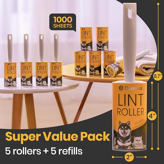DELOMO Lint Roller 1,000 Sheets (5 Rollers + 5 Refills) - Lint Rollers for Pet Hair Extra Sticky, Mega Value Pet Hair Removal Tool for Clothes/Couch/Furniture/Car - Keep Your Home Tidy
