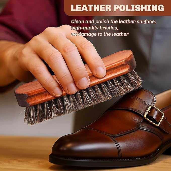 4 Pcs Horsehair Shine Shoes Brush Kit Polish Dauber Applicators Cleaning Leather Shoes Boots Care Brushes Suede Cleaner Brush with Microfiber Shoe Cloth(Brown Style A)