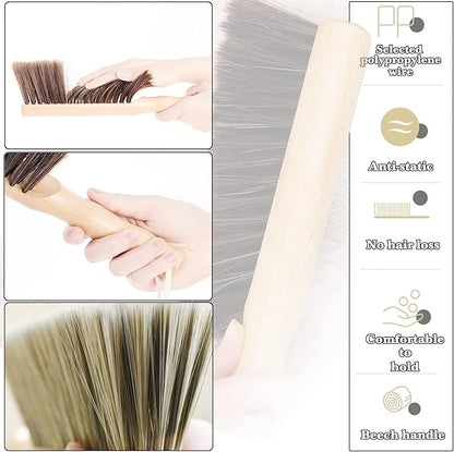Hand Broom Beech Wood Brush,Dust Brush,Duster for Counter,12inch Foxtail Bench Brush, Round Handle Handheld Brushes,5 Rows Soft Bristles for Bed,Shop Table,Woodworking Cleaning,Car,Sofa,Furniture