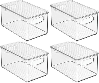 mDesign Plastic Deep Storage Bin Box Container with Lid and Built-In Handles - Organization for Fruit, Snacks, or Food in Kitchen Pantry, Cabinet, or Cupboard, Ligne Collection, 4 Pack, Clear