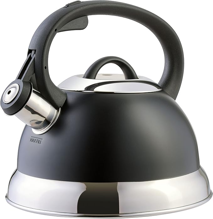 Mr. Coffee Flintshire 1.75-Quart Stainless Steel Whistling Tea Kettle with Nylon Handle – Matte Black Stove-Top Kettle for Boiling Water