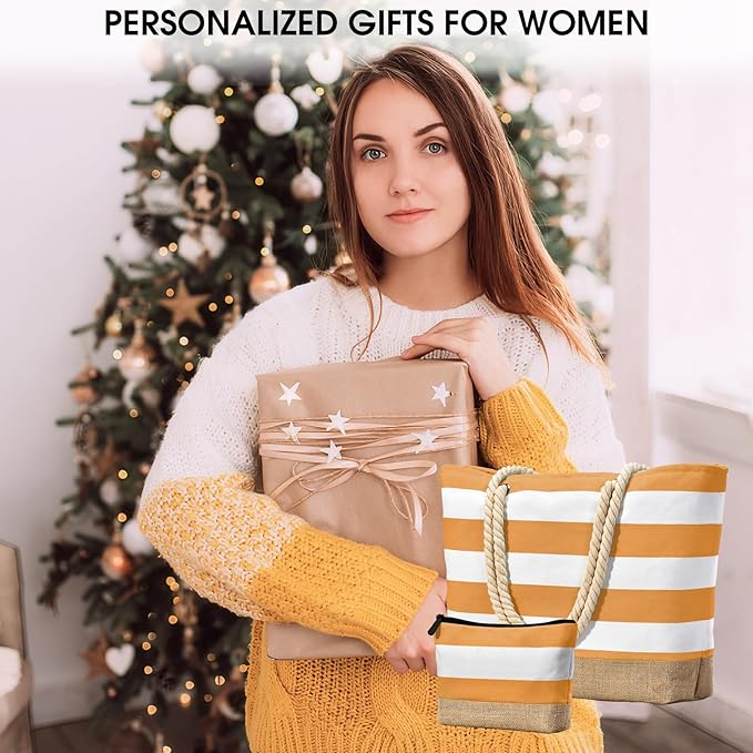 Becokan Beach Bag Initial Beach Tote with Makeup Bag for Travel Work Storage Personalized Birthday Gifts for Women Her