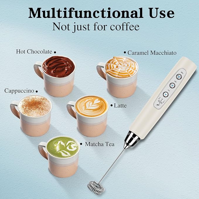 Milk Frother Handheld for Coffee, Electric Whisk 3 Speed Adjustable, Drink Mixer with Stainless 3 Whisks, Rechargeable Hand Frother Wand, for Latte Cappuccino Hot Chocolate Egg Beige