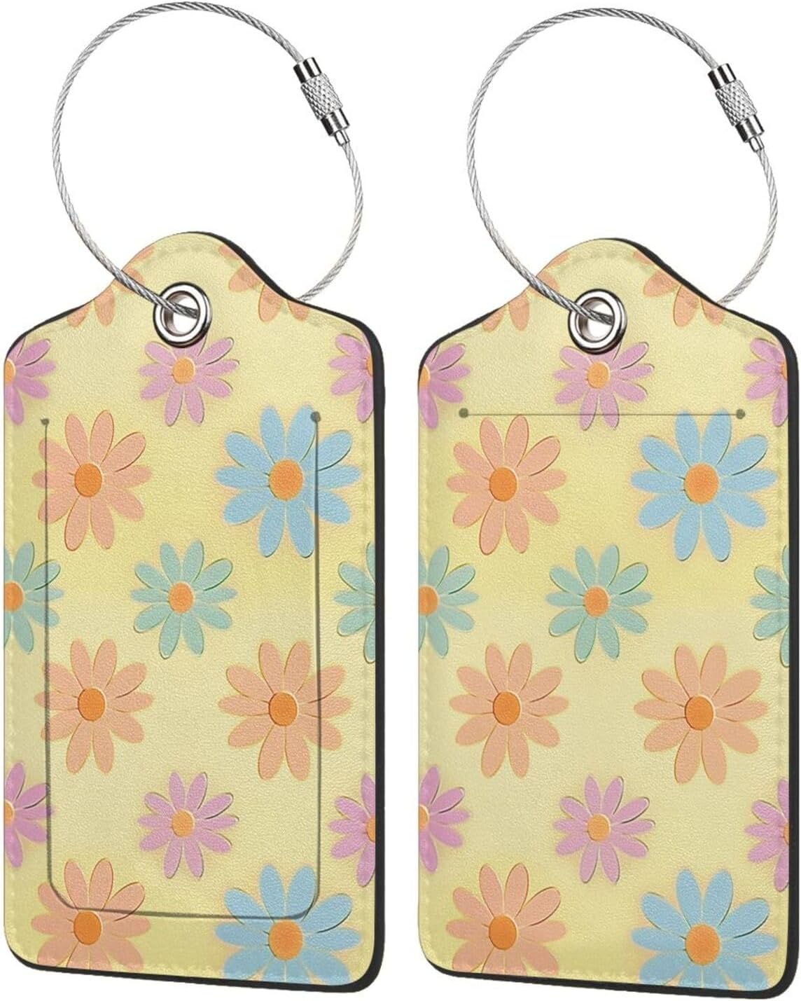Flowers Leather Luggage Tag with Stainless Steel Ring, Fun Name Id Card Cover Travel Bag Tag Set, Suitable for Travel Bag Luggage Women Men 2 PCS