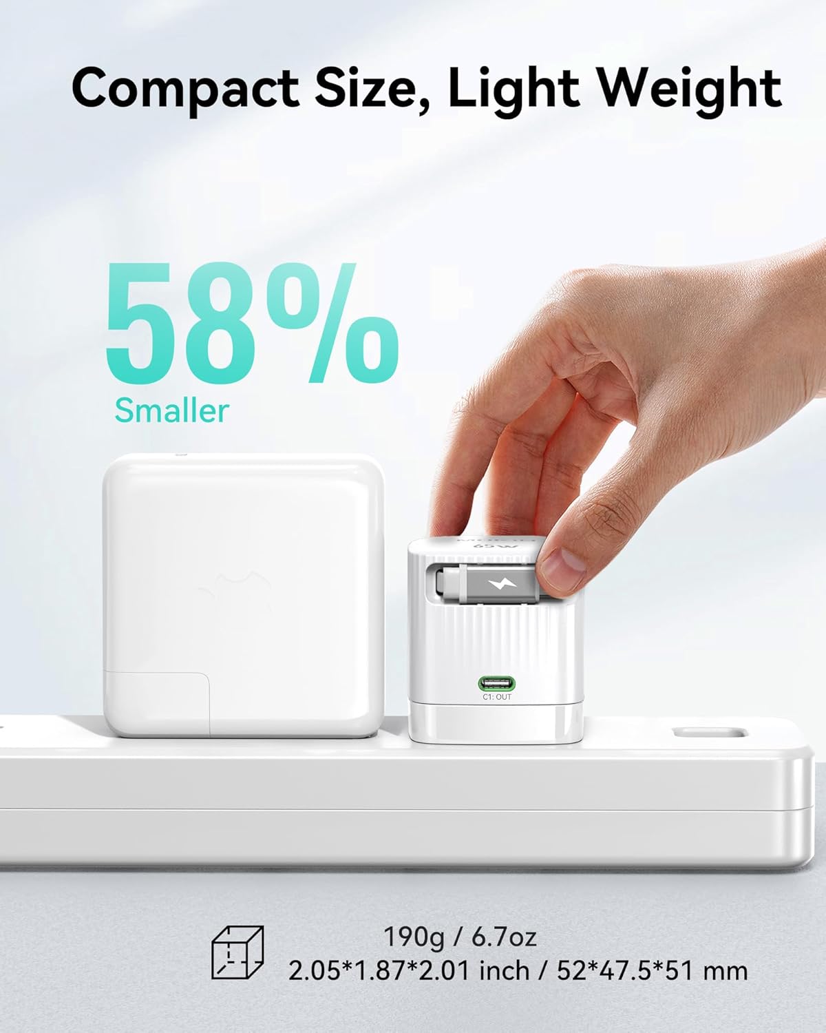 Retractable Wall Charger, 65W PD Fast USB C Charger Block with Retractable Type-C Cable, Travel Fast Charging Adapter with Foldable Plug for iPhone 16/15, MacBook Air, iPad Pro, Samsung, Pixel