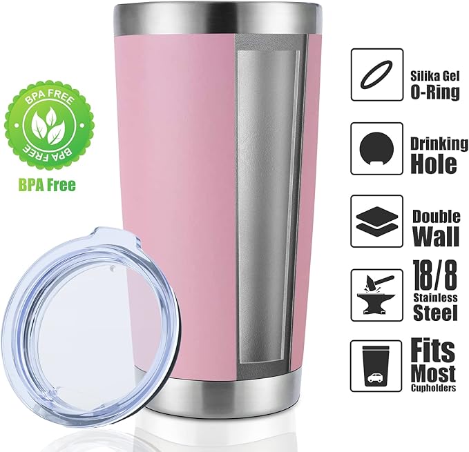 DOMICARE 20oz Stainless Steel Tumbler Bulk with Lid, Double Wall Vacuum Insulated Travel Mug, Powder Coated Coffee Cup, Pink, 4 Pack