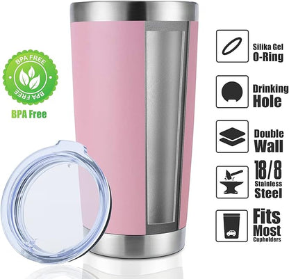 DOMICARE 20oz Stainless Steel Tumbler Bulk with Lid, Double Wall Vacuum Insulated Travel Mug, Powder Coated Coffee Cup, Pink, 4 Pack