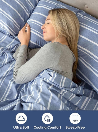 Extra Deep Pocket Queen Sheet Set - 4 Piece Breathable & Cooling Bed Sheets - Hotel Luxury Sheet Set - Ultra Soft, Wrinkle Free & Comfy - Fits Extra Deep Mattresses - Deep Pocket Blue Stripes 3 Sheets
