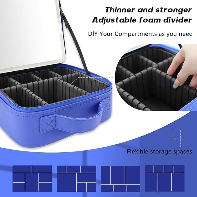 Makeup Bag with Led Mirror,Travel Makeup Organizer with 3 Color Setting, Portable Storage and Adjustable Dividers Travel Makeup Bag(dark blue)