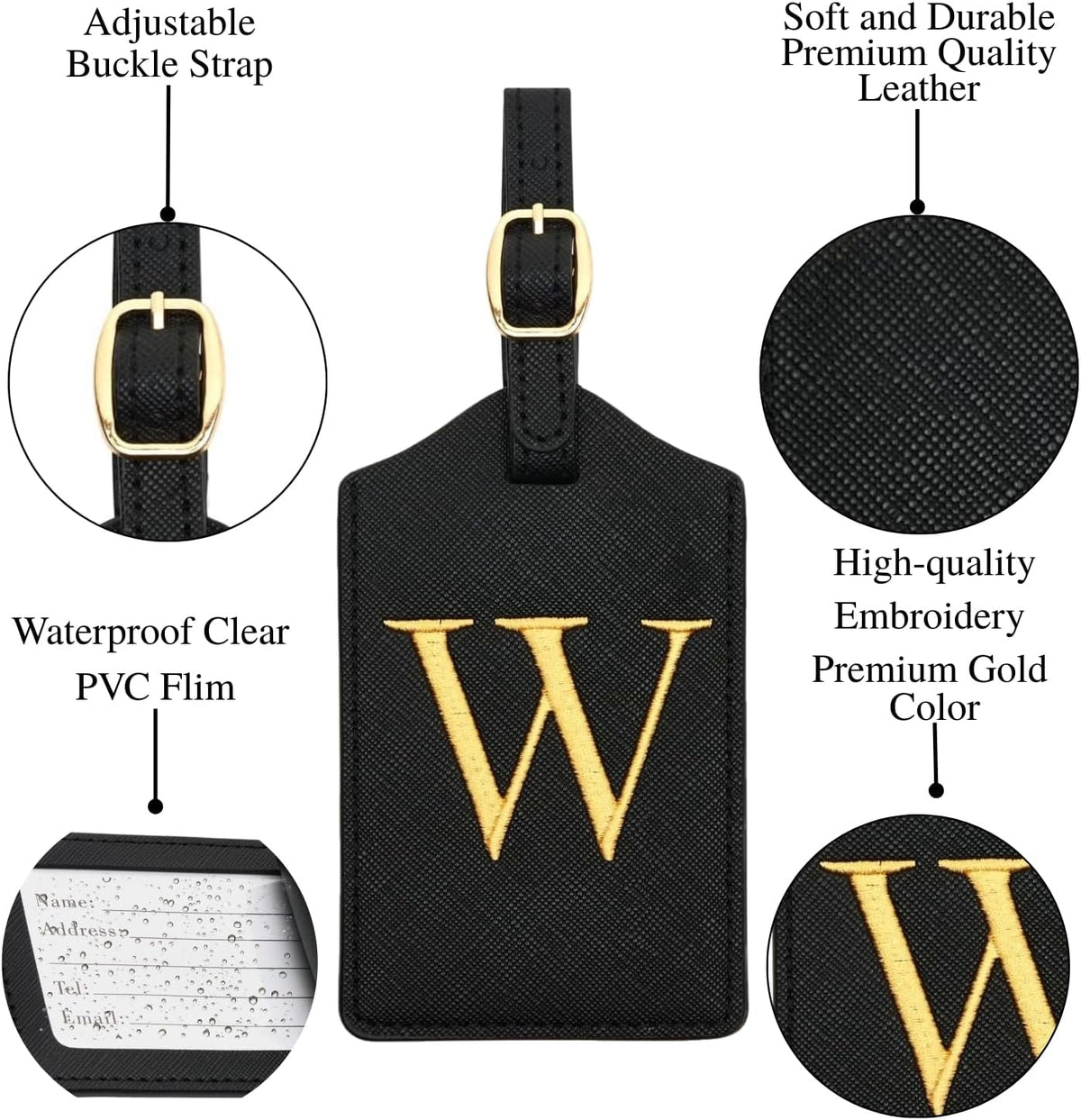 Luggage Tag PU Leather for Suitcase Baggage Handbag Travel Bag Label Suitcase Tag Label Tag w. Name Card & Privacy Cover (W)