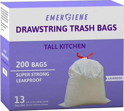 13 Gallon Drawstring Trash Bags, Lavender Scented 200 Count Tall Kichen Garbage Bags, Pre-Separated, Odor Control, Ultra Strong, Leakproof, Sturdy, White