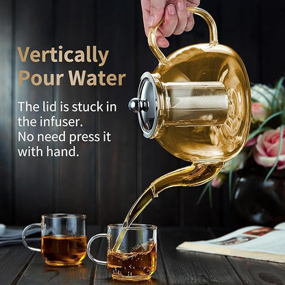 40OZ (1200ML) Glass Teapot with Infuser Stovetop Safe, Clear Glass Tea Pot Kettle, Borosilicate Tea Pot with Infusers Filter for Loose Tea, Tea Kettle Dishwasher Safe (Champagne)