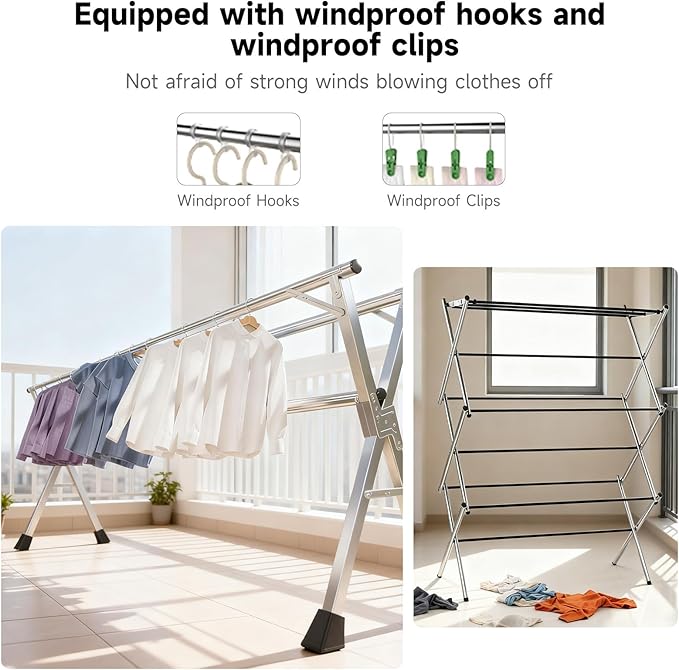 MIKEE 79-Inches Clothes Drying Rack,Foldable Laundry Drying Rack Clothing for Indoor/Outdoor，Length-Adjustable Clothes Rack，Space-Saving,with 20 Windproof Hooks