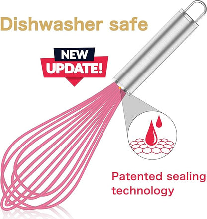 Pink Silicone Whisk, Professional Whisks For Cooking Non-Scratch, Stainless Steel & Silicone Wisk, Plastic Rubber Whisk Tool For Nonstick Cookware Pans, Silicon Wisks Set of 3