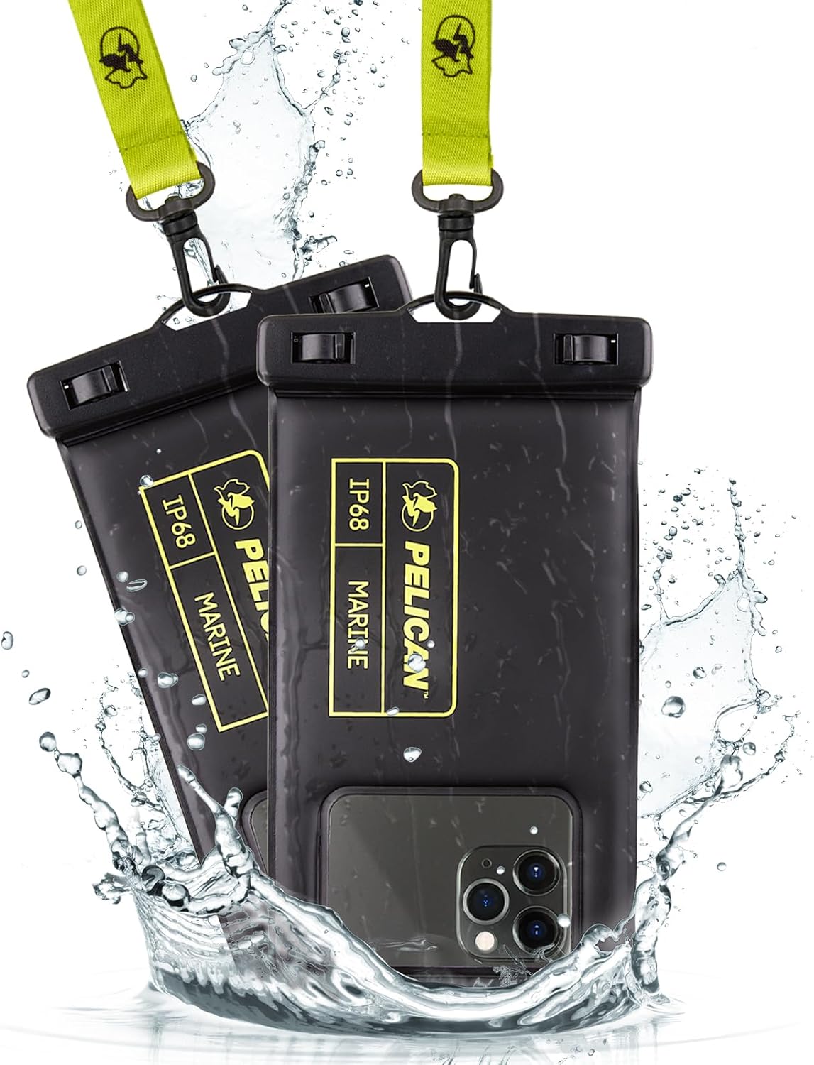 Pelican 2 Pack Marine - IP68 Waterproof Phone Pouch (Regular Size) Floating Waterproof Phone Case - Beach Cruise Ship Travel Essentials - Works w/All Phones - Detachable Lanyard - Black/Hi-Vis Yellow