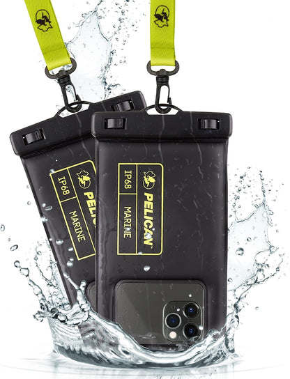 Pelican 2 Pack Marine - IP68 Waterproof Phone Pouch (Regular Size) Floating Waterproof Phone Case - Beach Cruise Ship Travel Essentials - Works w/All Phones - Detachable Lanyard - Black/Hi-Vis Yellow