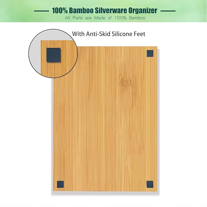Kitchen Bamboo Silverware Drawer Organizer，Silverware Organizer and Cutlery Tray with Grooved Drawer Dividers for Silverware, Knives in Kitchen, Bedroom (5 Slot-Natural)