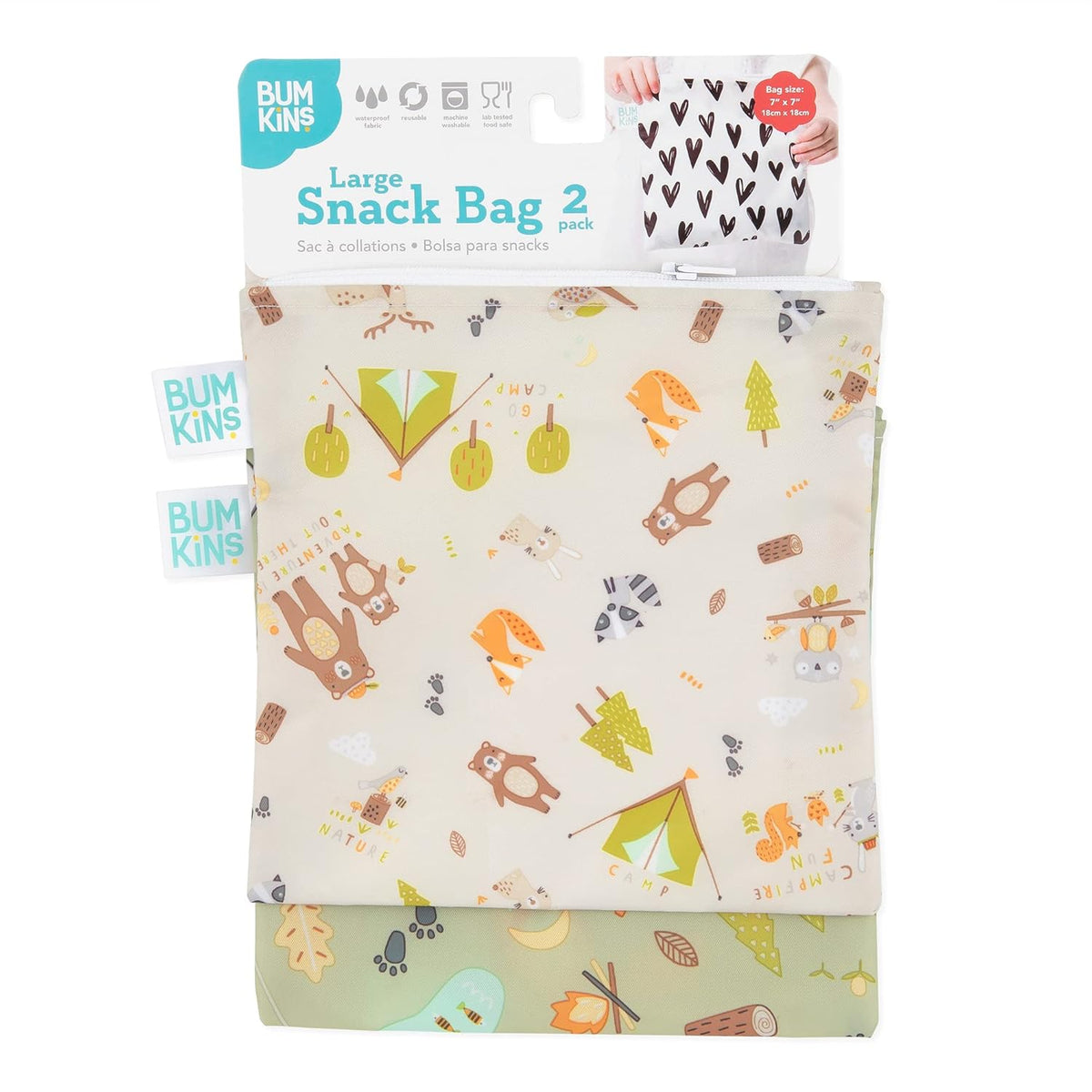 Bumkins Reusable Sandwich and Snack Bags, for Kids School Lunch and for Adults Portion, Washable Fabric, Waterproof Cloth Zip Bag, Travel Pouch, Food-Safe Storage, Large 2-pk Green Camp Friends