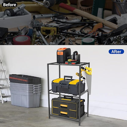 Garden Tool Organizer - Yard Tool Storage and Organizers, Utility Rack with 3 Hooks, Garden Yard Tool Stand Tower Racks, Tool Holder for Broom, Shovel, Rake, Mop, Garage Organization, Black