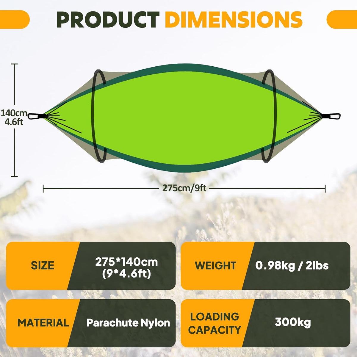 Chihee Ultra-Light Travel Camping Hammock Pop-up Net Hammock 660lbs Load Capacity,Breathable,Quick-Drying Parachute Nylon 2 Premium Carabiners,2 Tree Slings Included for Outdoor Backpacking Hiking