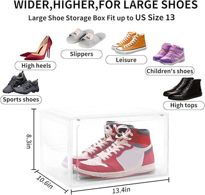 Large Shoe Boxes Clear Plastic Stackable, 8 Pack Drop Side Shoe Storage Organizer with Magnetic Door, Shoe Container Sneaker Storage Display Case Fit up to US Size 13 CLEAR