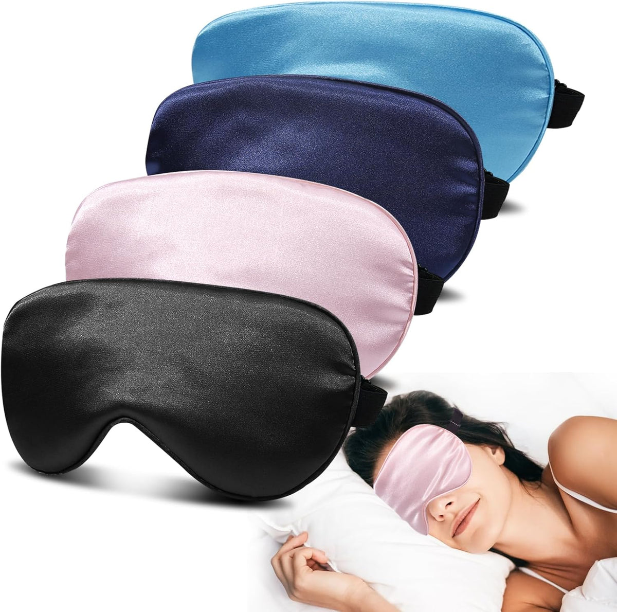 4 Pack Super Soft Silk Sleep Mask - 100% Blackout, Zero Eye Pressure, Blindfold with Adjustable Strap, Travel Eye Covers (Black&Pink&Blue&Light Blue)