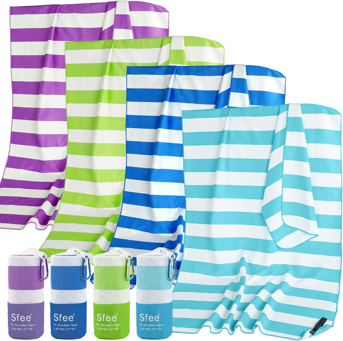 Sfee 4 Pack(8Pcs) Microfiber Travel Towel, Beach Towel Quick Dry Towel Camping Towel Super Absorbent Compact Lightweight Sports Towel Gym Towel Set for Beach, Gym, Hiking, Pool, Backpacking, Yoga