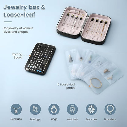 Lolalet Travel Jewelry Organizer, Jewelry Storage Case with Pocket, Earrings Necklaces Bracelets Ring Zippered Storage Pouch for Women -Black