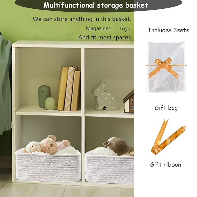 COMFY-HOMI 11.5"x7.5"x4.7" Storage Baskets for Organizing | Cotton Rope Woven Basket | Toy Storage Bin Box | Basket for Shelves, Closet Organizer Bin, Decorative Closet Shelf, 3 Pack, All white