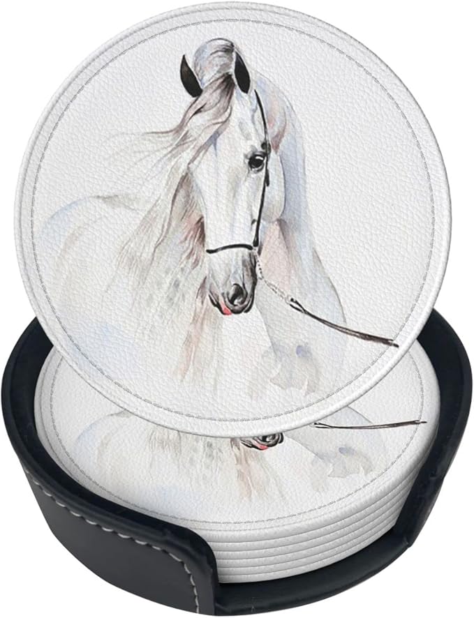 6 Pcs White Horse Animal Leather Coasters