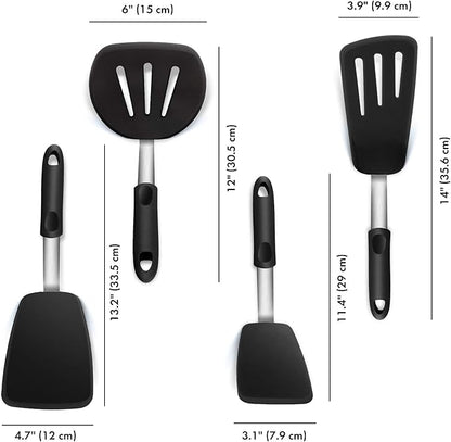 Set of 4 Silicone Spatula Utensils by Boxiki Kitchen. Professional Silicone and Stainless Steel Kitchen Spatula for Cooking, Pancakes, Eggs and Fish.