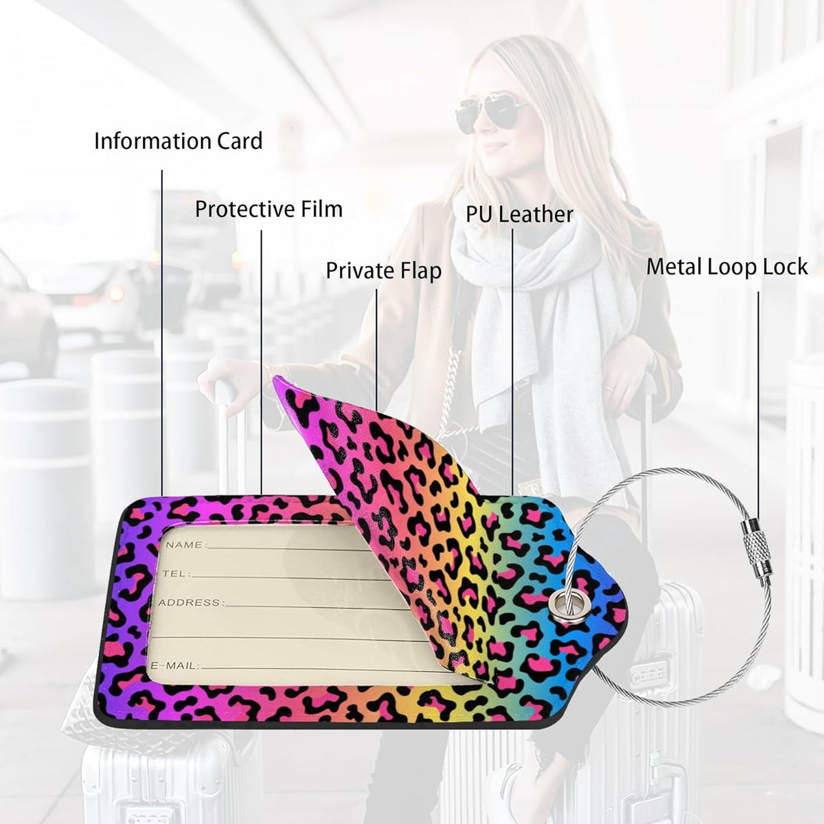 Rainbow Leopard Print 2 Pack Luggage Tags for suitcases Cute Color Leopard Luggage Tag, Leather Stainless Steel Loop Label Tag for Men Women Travel Bag Suitcase（Leopard）