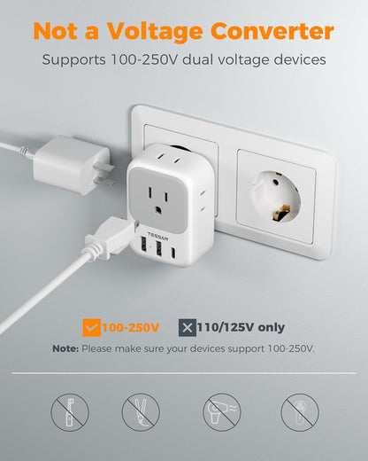 2 Pack European Plug Adapter USB C, TESSAN US to Europe Adapter 4 Outlets 3 USB Charger, Type C International Power Adaptor to Italy Spain France Portugal Iceland Germany, Europe Travel Essentials