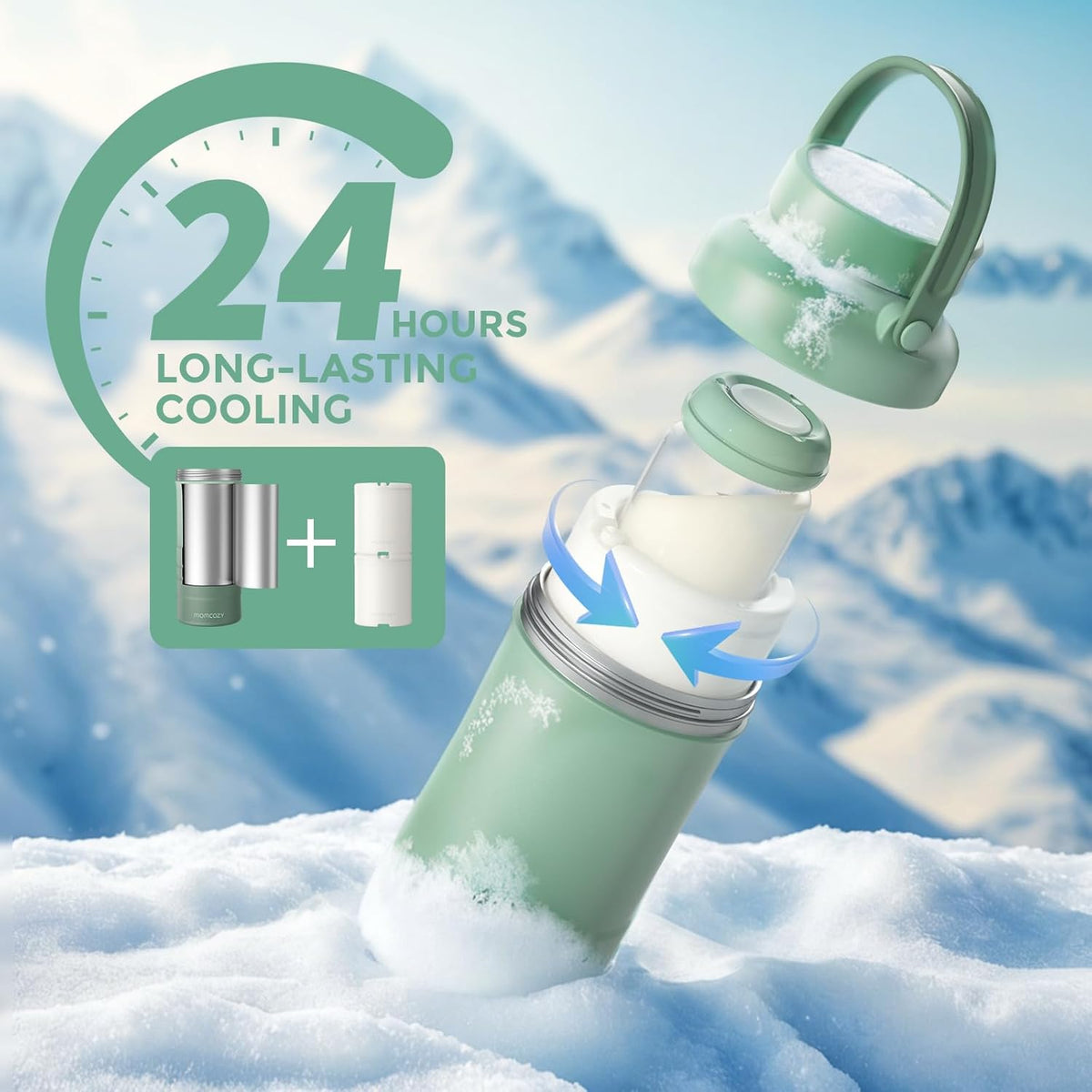 Momcozy 22oz Portable Breast Milk Cooler for Outdoor, Life Saver with 360° Total Cooling for 24 Hours, Larger Capacity Travel Breastmilk Chiller with 2pcs Baby Bottles for Breastmilk Storage, Green