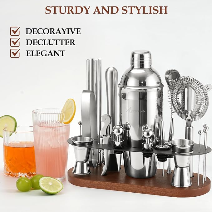 Cocktail Shaker Set Bartender Kit with Stand | 23-Piece Bar Set Drink Mixer Set with All Essential Bar Tools: Martini Shaker, Jigger, Strainer, Spoon, Muddler, Pourers, for Home, Bar, Party