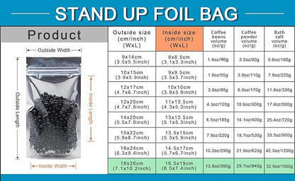 FERENLI 100 Pieces Stand Up Clear Front Zipper Lock Resealable Aluminum Mylar Foil Plastic Packaging Bag for Zip Heat Seal Package Lock with Tear Notch Long Term Food Storage 7.1x10.2 inch