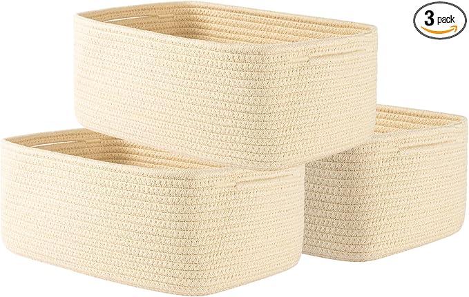 Small Woven Basket, 13.5 x 9.5 x 5 Inches, Storage Basket for Organizing, Cute Small Rope Shelf Closet Cube Storage Bins Baskets for Shelves, Dog Toy Gift Baskets Empty, 3 Packs, Beige