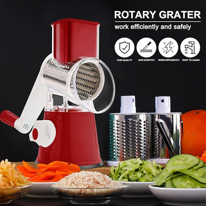 3rd Generation Rotary Cheese Grater, Mandoline Vegetable Slicer with 3 Replacement Blades, Easy to Clean Rotary Shredder for Fruit, Vegetables, Red
