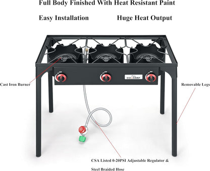 High Pressure Triple Propane Burner Outdoor Propane Camping Stove with 0-20 PSI Adjustable High Pressuer Regulator and Steel Braided Hose 3 Burner Stove Brewing Supply SA3500