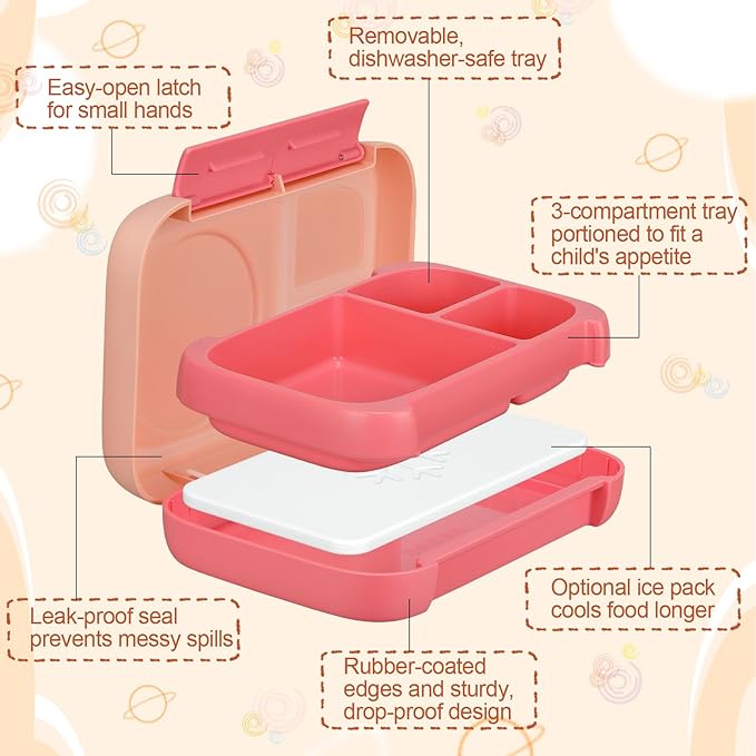 Bento Box for Kids,Kids Bento Lunch Box with Built-in Ice Pack for School,3 Compartments Leak Proof Lunch Container with Utensils for Girl Boy;BPA Free,Microwave & Dishwasher Safe, 44oz(Pink)