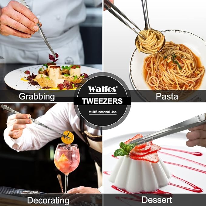 WALFOS Tweezer Tongs for Cooking, Kitchen Tweezers Stainless Steel Pasta Tweezers Tongs for Cooking, Roasting, Grabbing Small Objects, Dessert, BBQ, Spaghetti 3 Pcs (8+10+12-Inch)