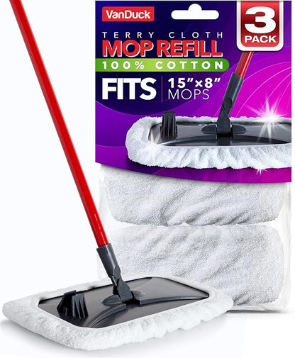 VanDuck 100% Cotton Terry Mop Pads 15x8 Inches 3-Pack, Terry Cloth Mop Covers (Handle is Not Included)